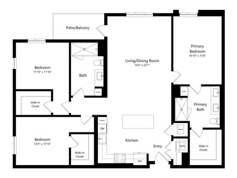 Floor plan for 3 beds, 2 baths, 1495 sqft